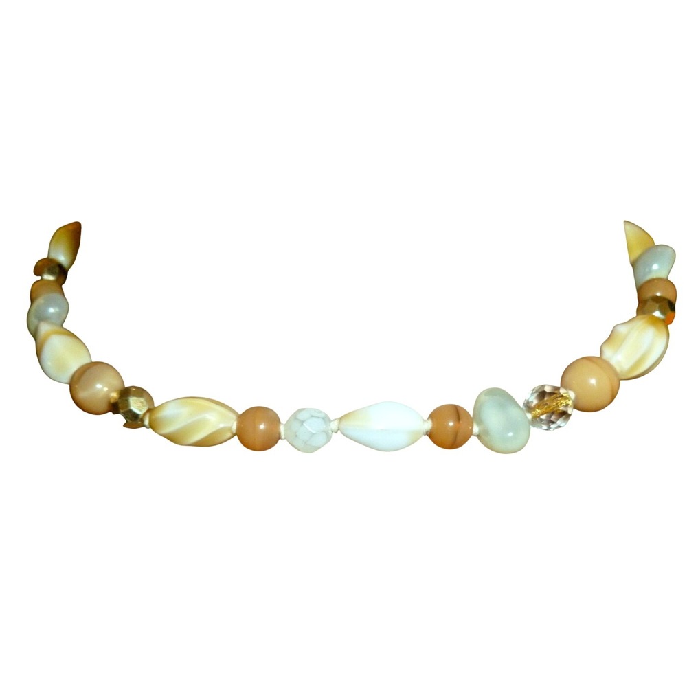 Vintage Earth Tone Beaded Choker Necklace Faux Shell Tan Gold Accents Adjustable